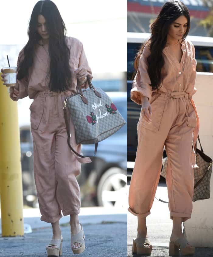 Vanessa Hudgens opted for a stylish and feminine look by pairing her Prada sandals with a Free People "Eyals" one-piece in a lovely pale rose shade