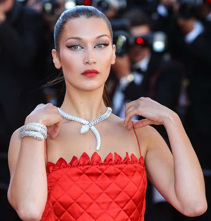 Bella glammed up her fierce look with Bulgari jewels at the 70th Cannes Film Festival "Okja" premiere held at Palais des Festivals in Cannes, France on May 19, 2017