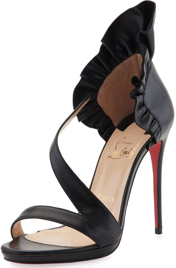 Christian Louboutin 'Colankle' Ruffle Red Sole Sandals in Shiny Black Napa Leather