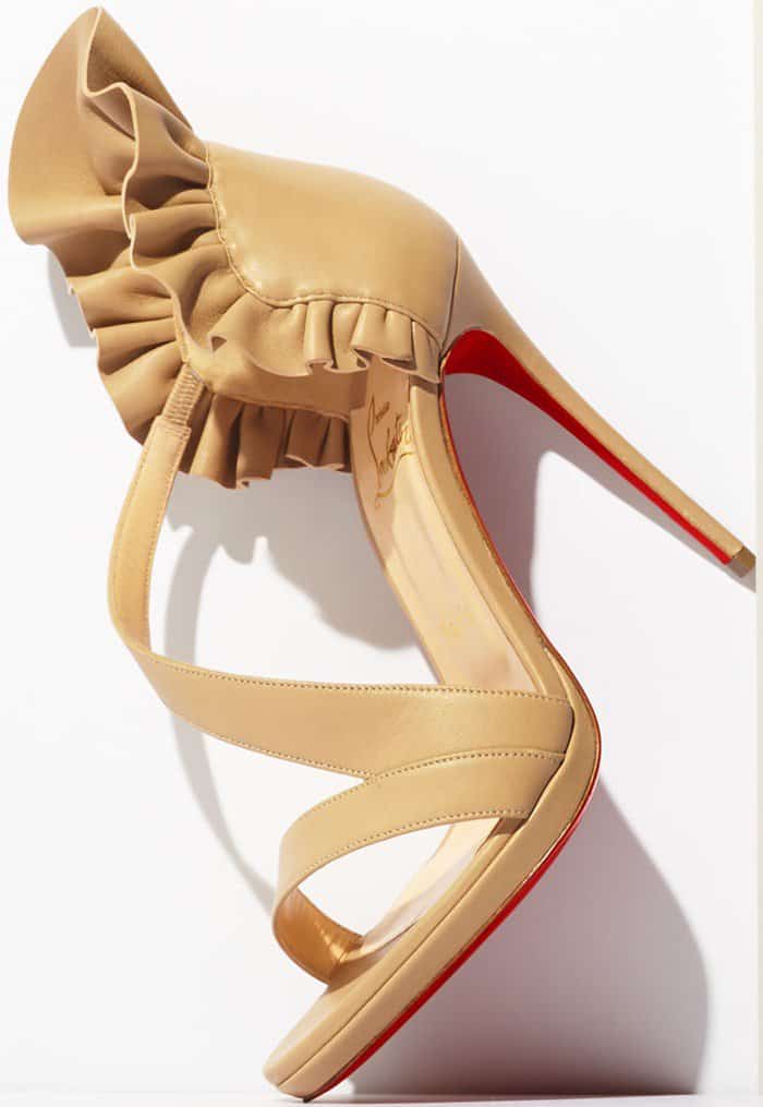 Christian Louboutin 'Colankle' Ruffle Red Sole Sandals in Nude Napa Leather