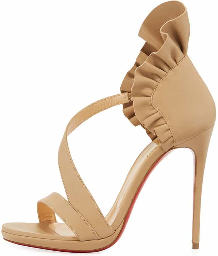 Christian Louboutin 'Colankle' Ruffle Red Sole Sandals in Nude Napa Leather