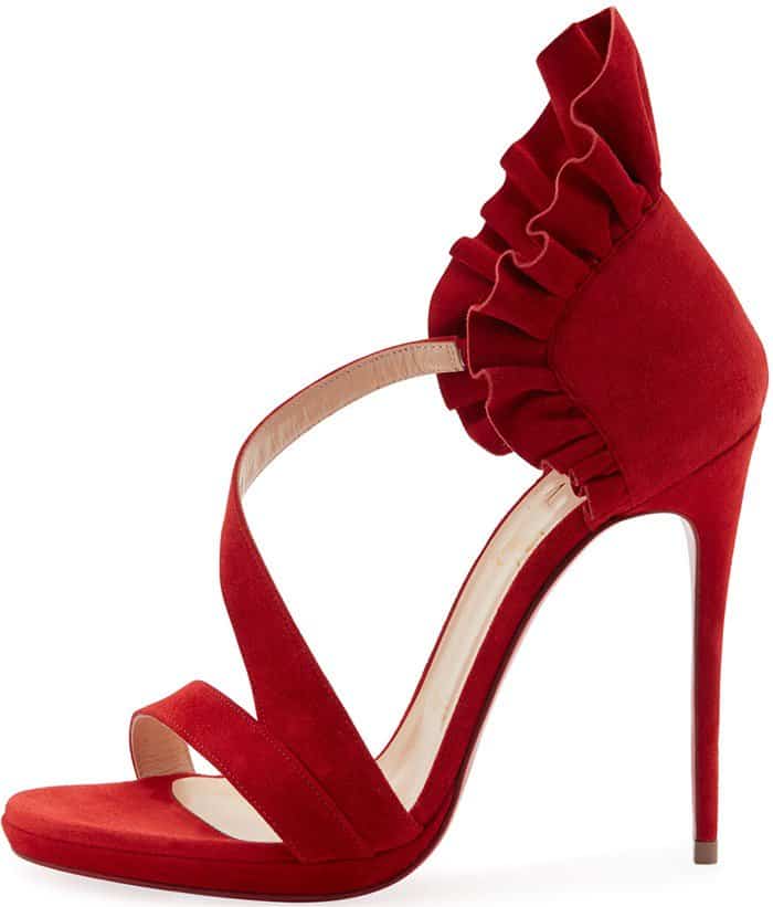 Christian Louboutin 'Colankle' Ruffle Red Sole Sandals in Red Suede