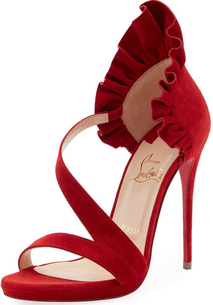 Christian Louboutin 'Colankle' Ruffle Red Sole Sandals in Red Suede