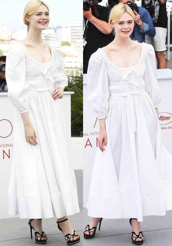Elle Fanning goes for an updated version of the peasant girl look in a head-to-toe Alexander McQueen ensemble