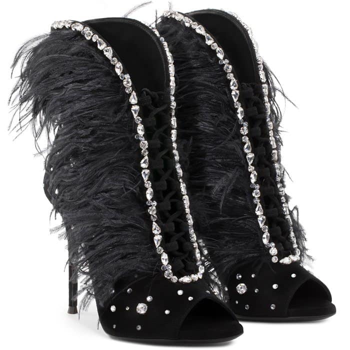 Black Suede Giuseppe Zanotti 'Charleston' Boots With Feathers