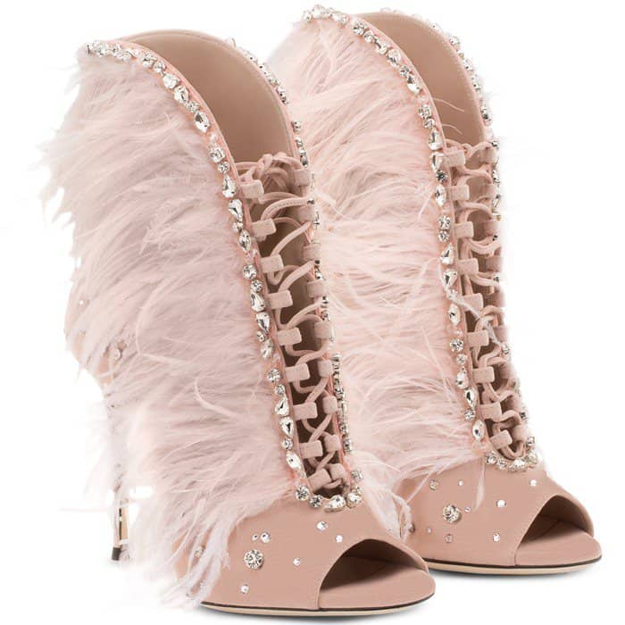 Pink Suede Giuseppe Zanotti 'Charleston' Boots With Feathers