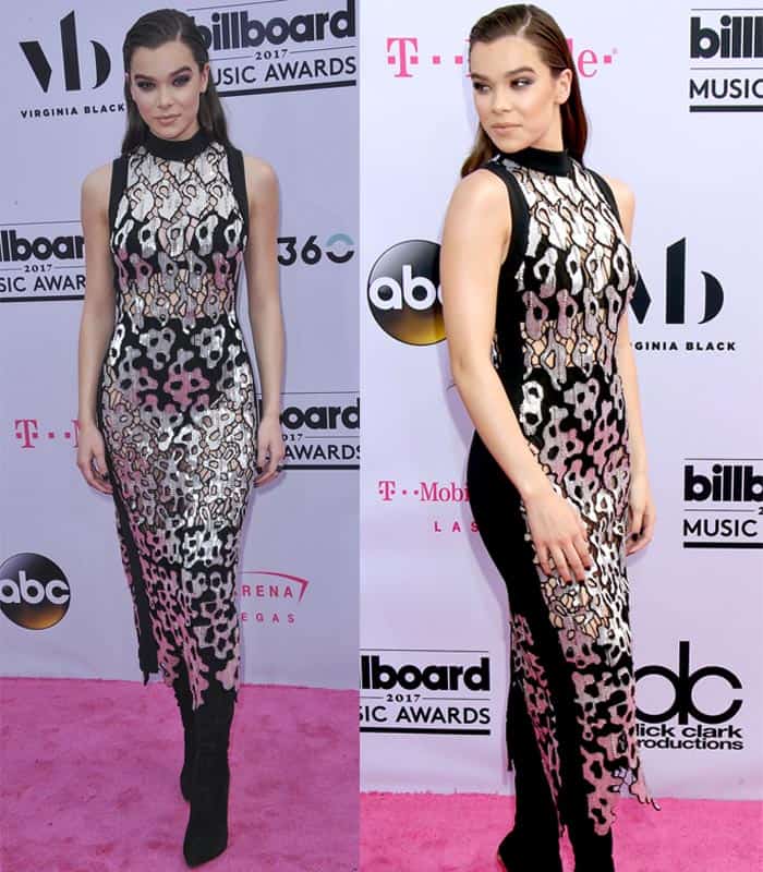 Hailee Steinfeld dons metallic midi dress