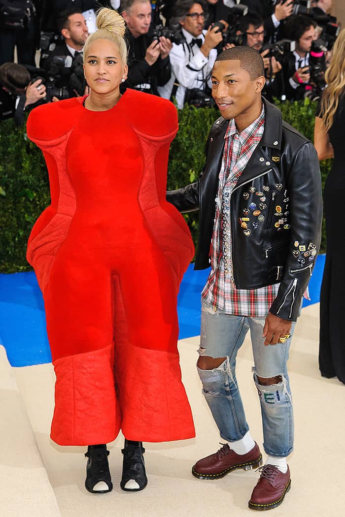 Helen Lasichanh and Pharrell Williams arriving at the 2017 Metropolitan Costume Institute Benefit Gala held at the Metropolitan Museum of Art in New York City on May 1, 2017.