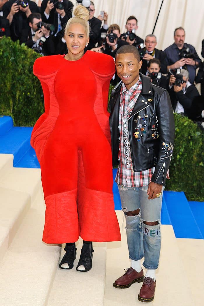 Helen Lasichanh and Pharrell Williams arriving at the 2017 Metropolitan Costume Institute Benefit Gala held at the Metropolitan Museum of Art in New York City on May 1, 2017.