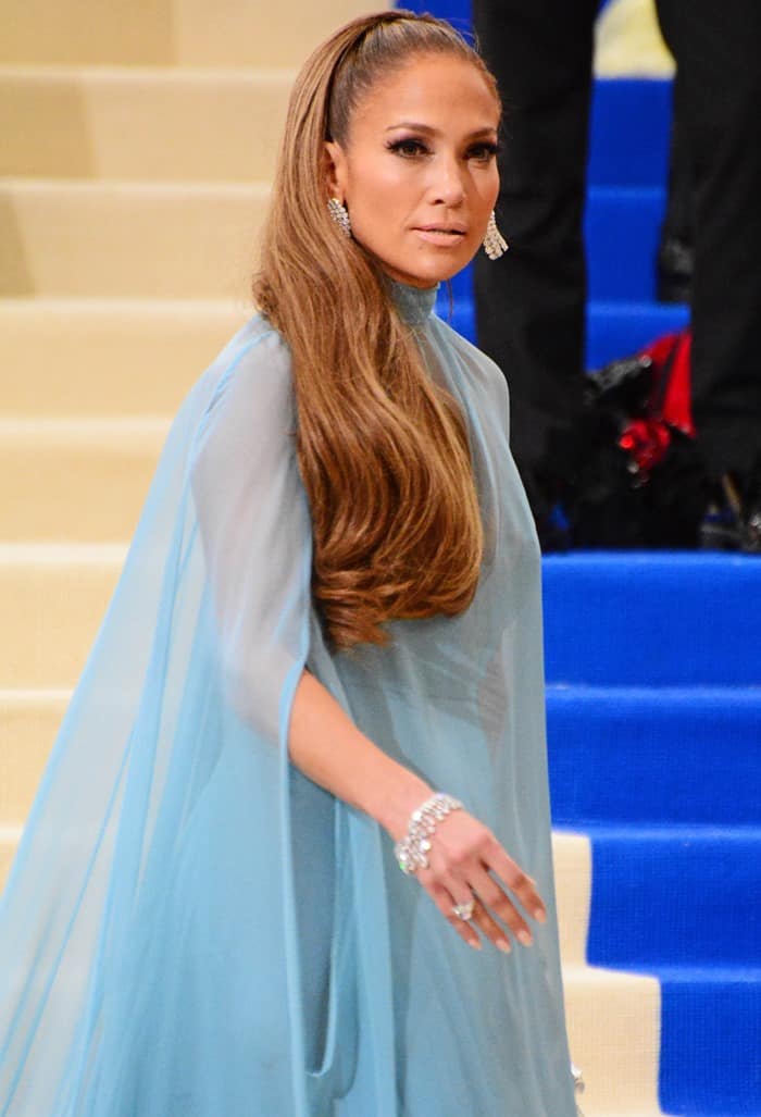 Jennifer Lopez wearing a 60's inspired Valentino gown at the 2017 Metropolitan Costume Institute Benefit Gala held at the Metropolitan Museum of Art in New York City, on May 1, 2017