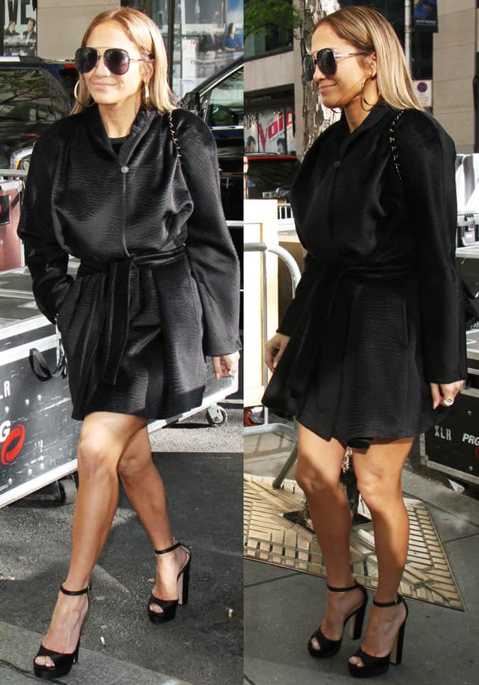 Jennifer Lopez at The Today Show on May 8, 2017, wearing a Max Mara coat over an Elie Saab velvet mini dress, paired with Quay Needing Fame sunglasses in black and black platform heels