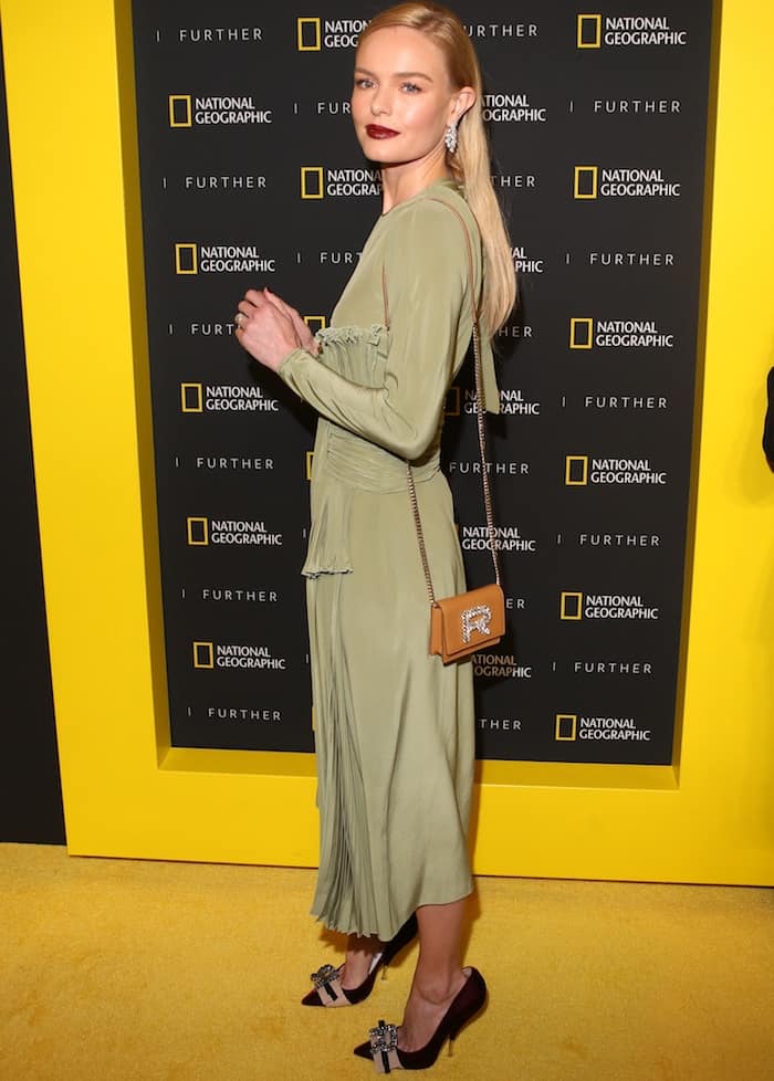 Kate Bosworth attends the National Geographic Further Front event in a green Rochas drape dress on April 19, 2017 at the Jazz Lincoln Center's Frederick P. Rose Hall in New York City