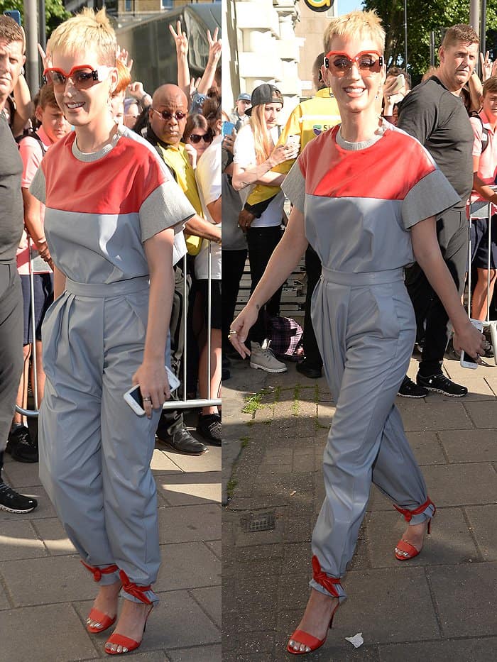 Katy Perry's red leather sandals with the ankle ties knotted over the hem of her pants