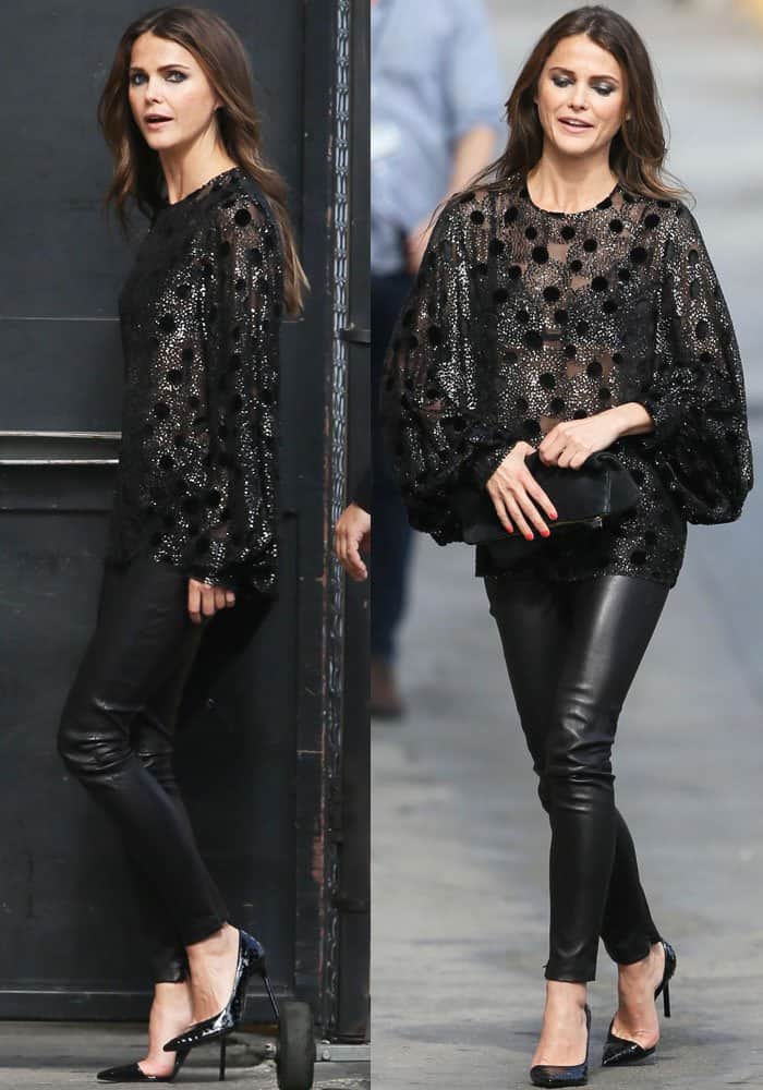 Keri Russell looked sophisticated yet playful in a beautiful sheer polka dot top by Saint Laurent paired with leather pants