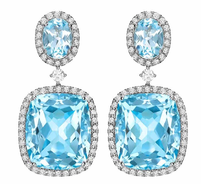 Close-up of Kate Middleton's dazzling Kiki McDonough blue topaz and diamond drop earrings, valued at $3,500