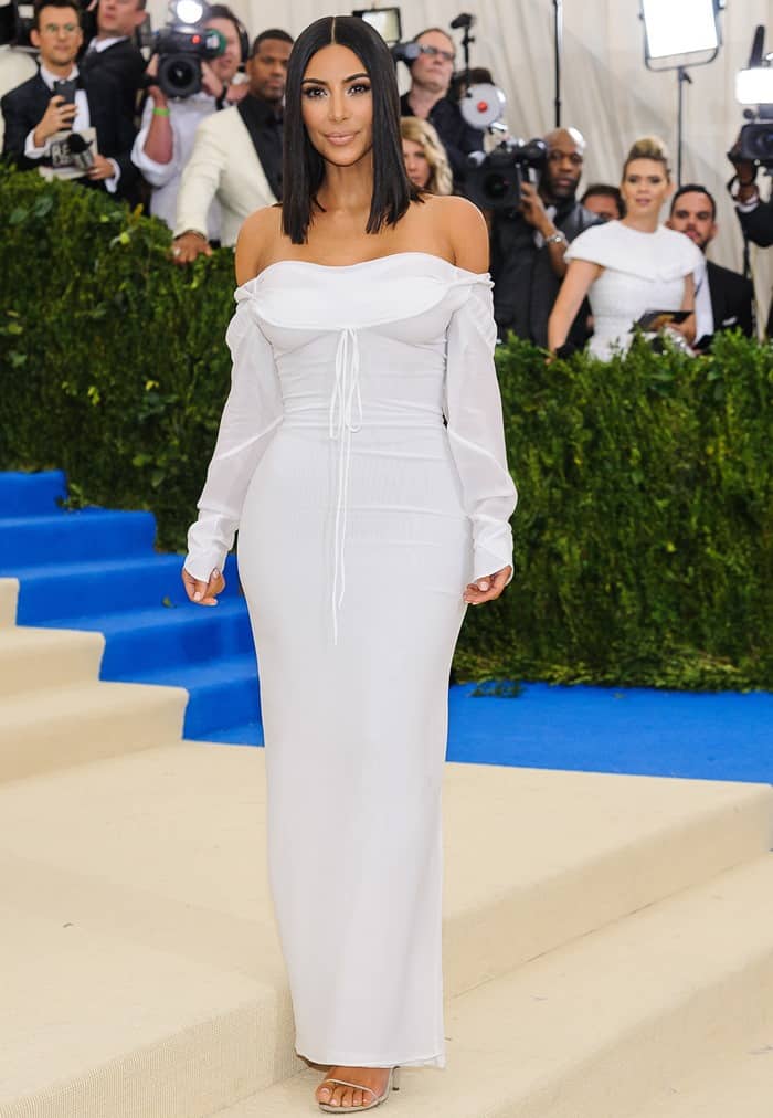 Kim Kardashian wearing a plain white Vivienne Westwood dress at the 2017 Metropolitan Costume Institute Benefit Gala held at the Metropolitan Museum of Art in New York City, on May 1, 2017