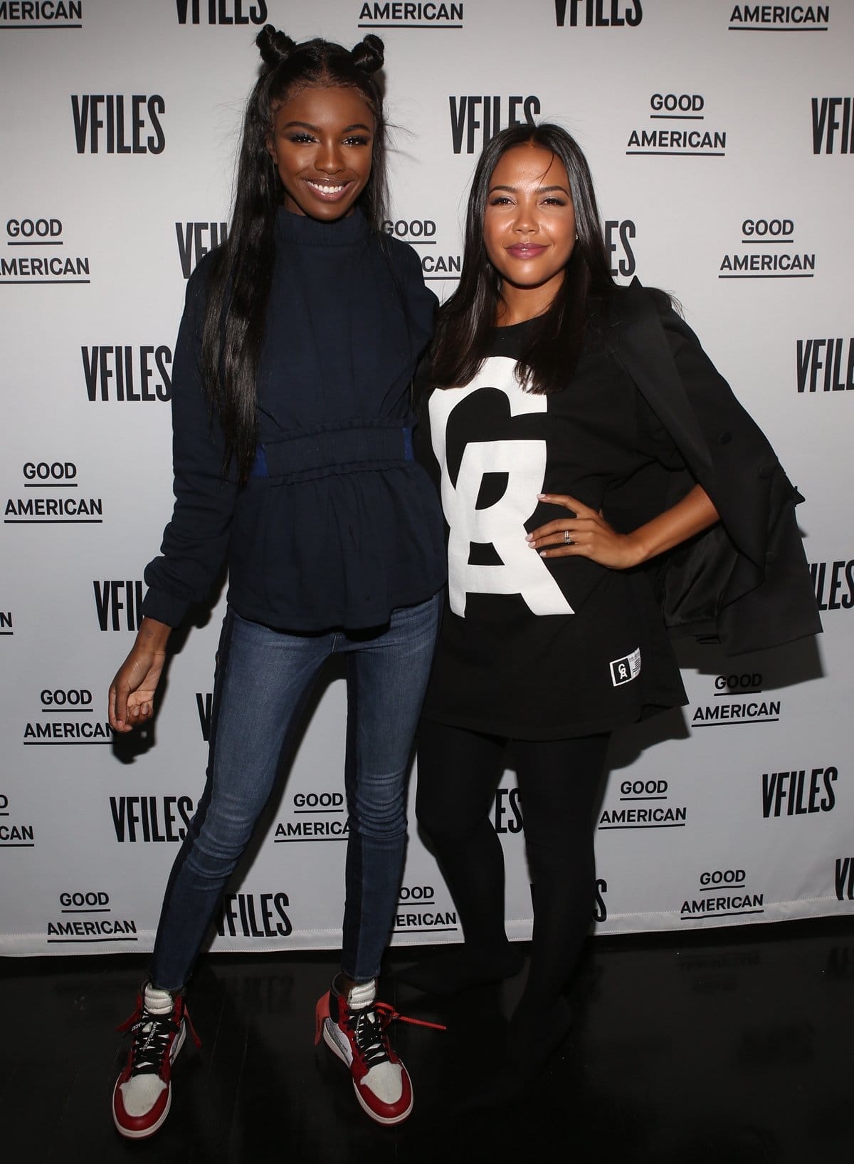 Founder and CEO of Good American Emma Grede (R) posing with fashion designer Leomie Anderson