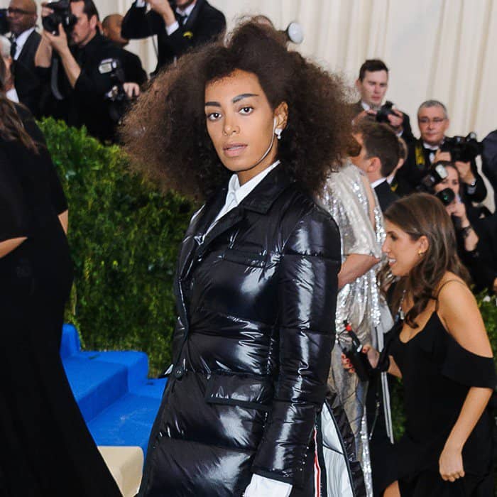 Solange Knowles wearing head to toe Thom Browne Fall 2017 at the 2017 Metropolitan Costume Institute Benefit Gala held at the Metropolitan Museum of Art in New York City, on May 1, 2017