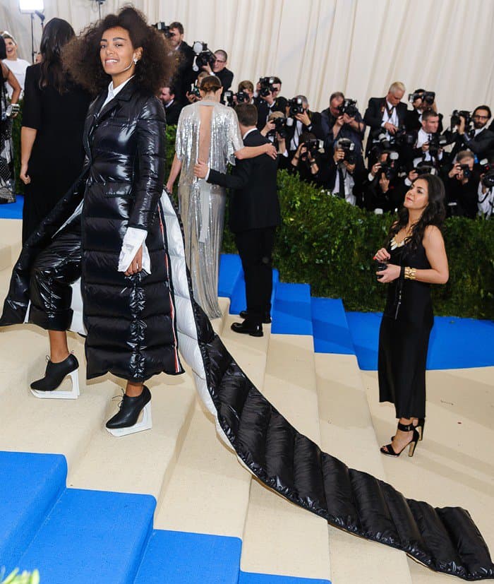 Solange Knowles wearing head to toe Thom Browne Fall 2017 at the 2017 Metropolitan Costume Institute Benefit Gala held at the Metropolitan Museum of Art in New York City, on May 1, 2017