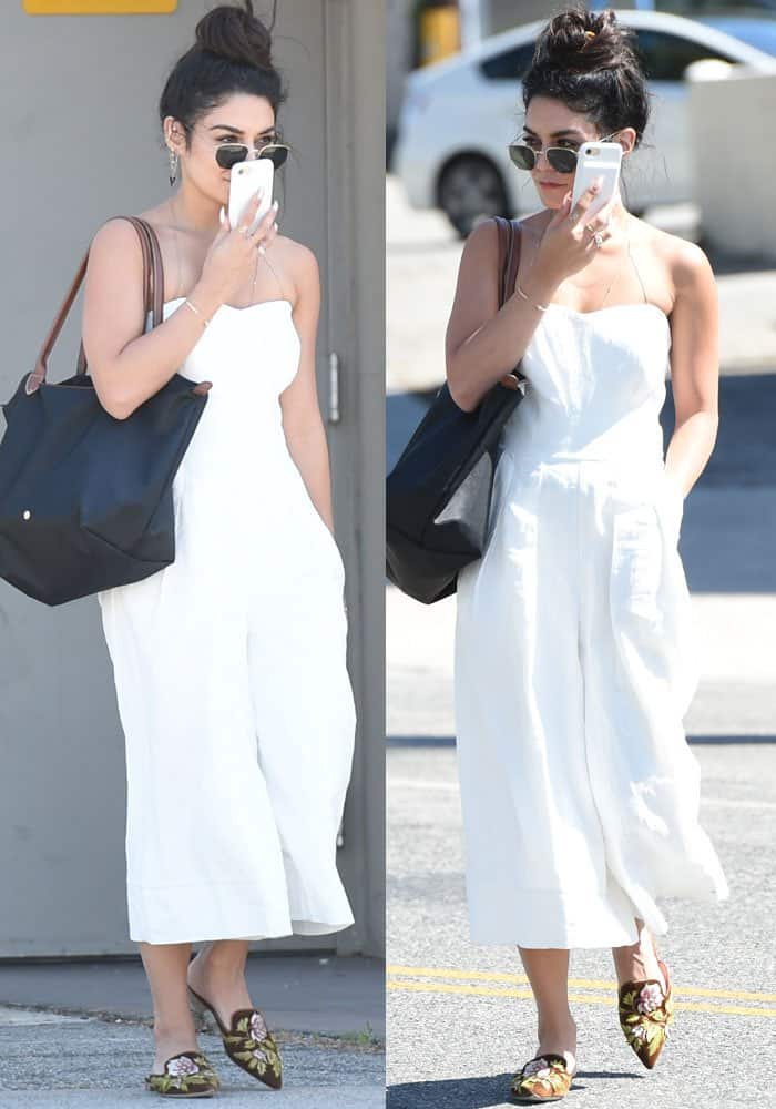 Vanessa wore a strapless Milly jumpsuit for her morning coffee run