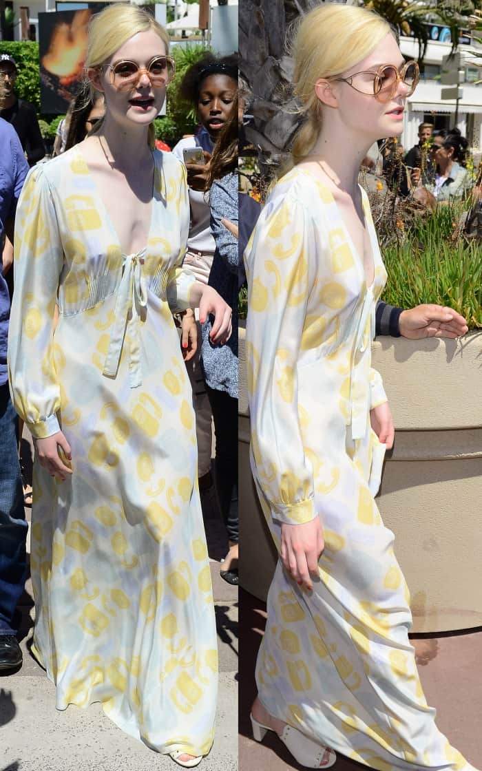 Elle Fanning wearing a Miu Miu maxi dress and Jimmy Choo "Myla" mules while out and about in Cannes