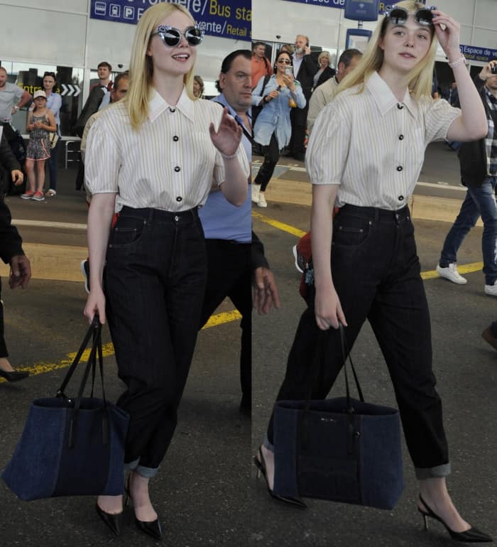 Elle Fanning wearing a Miu Miu ensemble and black slingback pumps at the Nice Cote d'Azur Airport