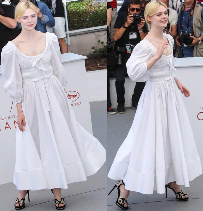Elle Fanning wearing head-to-toe Alexander McQueen at "The Beguiled" photocall during the 70th annual Cannes Film Festival
