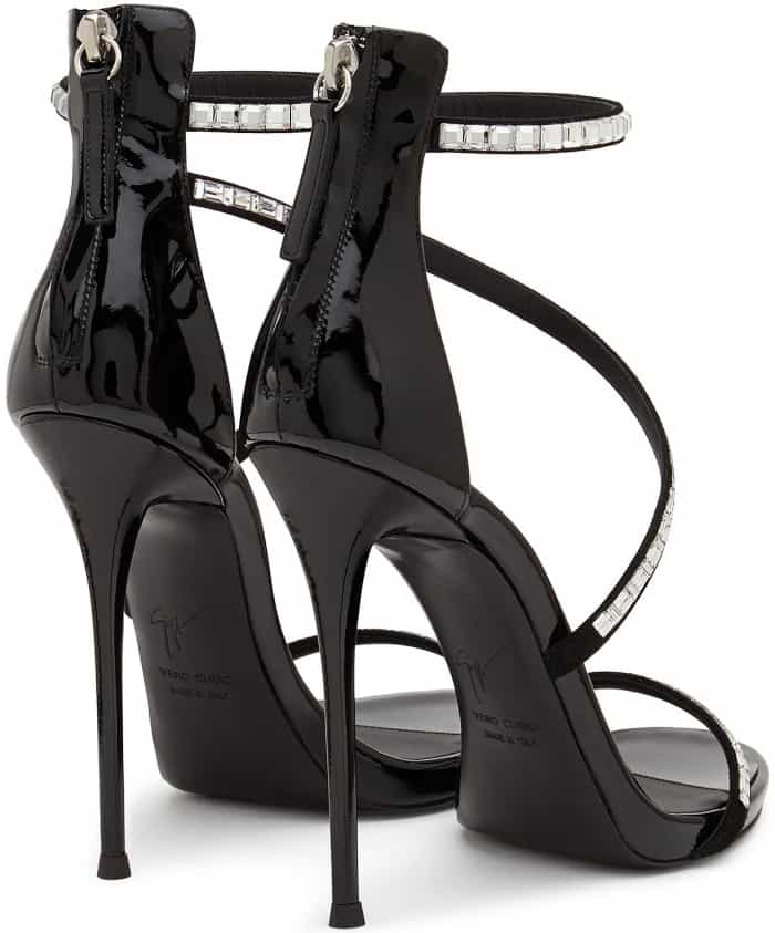 Giuseppe Zanotti “Calliope” Black Patent Sandals with Crystal Snake Embellishment