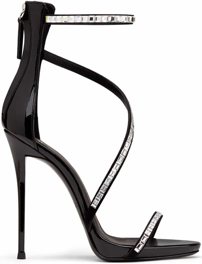 Giuseppe Zanotti “Calliope” Black Patent Sandals with Crystal Snake Embellishment