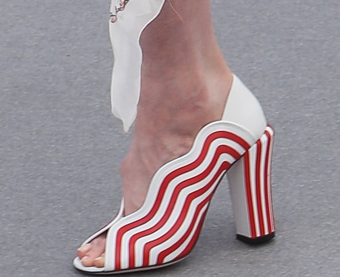 Gwendoline Christie wearing Fendi striped leather pumps at the 70th Cannes Film Festival “Top of the Lake: China Girl” photocall