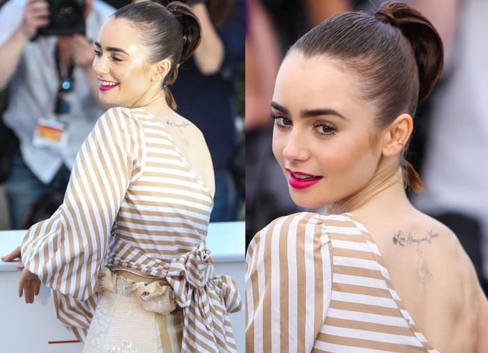 Lily Collins wearing a Johanna Ortiz ensemble and Saint Laurent "Janis" pumps at the 70th Cannes Film Festival "Okja" photocall