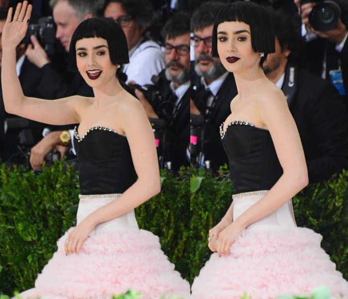 Lily Collins wearing a Giambattista Valli fall 2016 couture gown and Charlotte Olympia "Eugenie" sandals at the 2017 Met Gala