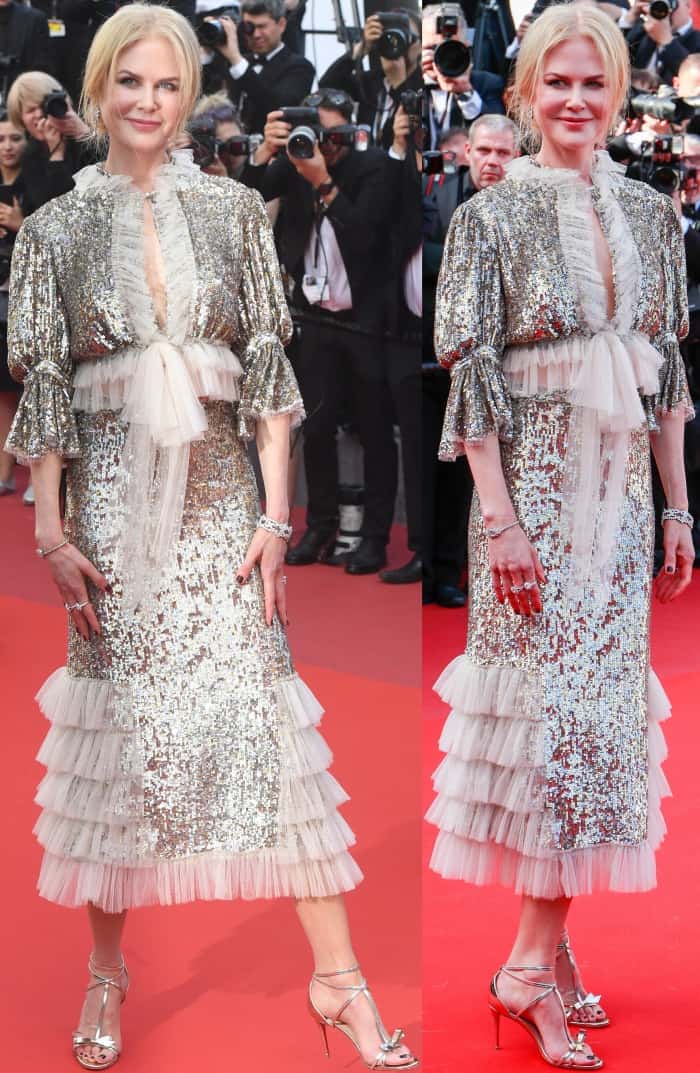 Nicole Kidman wearing a Rodarte gown and silver bow-embellished sandals at the "How to Talk to Girls at Parties" premiere during the 70th annual Cannes Film Festival