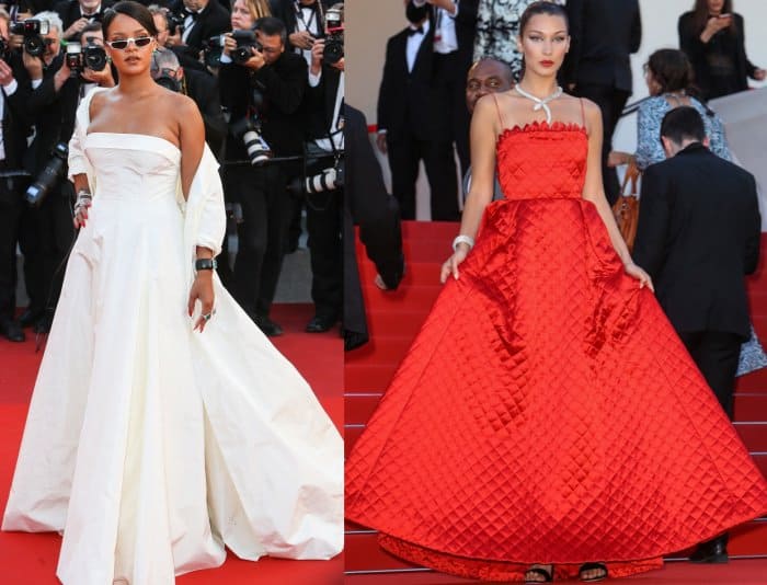Christian Dior Haute Couture looks from Rihanna and Bella Hadid at the “Okja” premiere during the 70th Cannes Film Festival