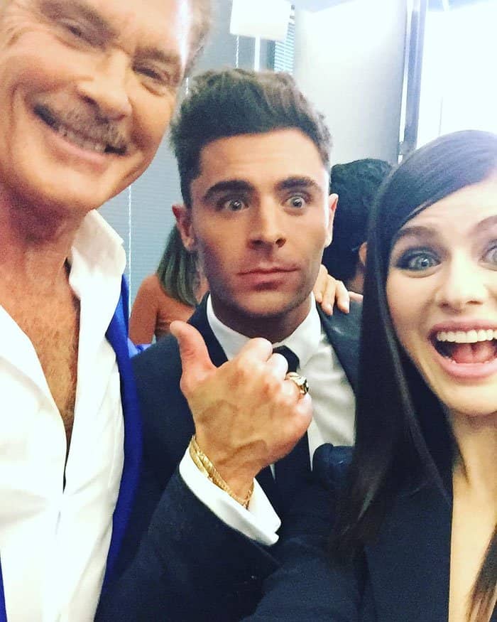 Alexandra Daddario takes a selfie with co-star Zac Efron and original "Baywatch" hunk David Hasselhoff