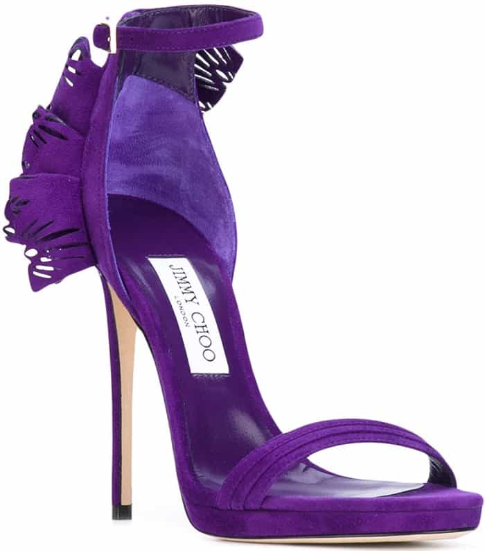Purple Jimmy Choo 'Kelly' Laser-Cut Ruffled-Trimmed Leather Sandals
