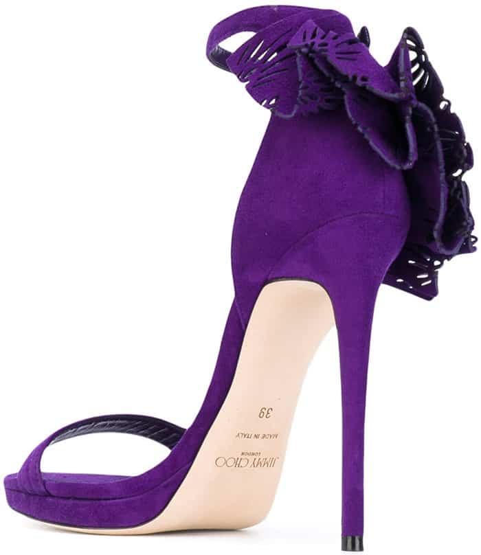 Purple Jimmy Choo 'Kelly' Laser-Cut Ruffled-Trimmed Leather Sandals