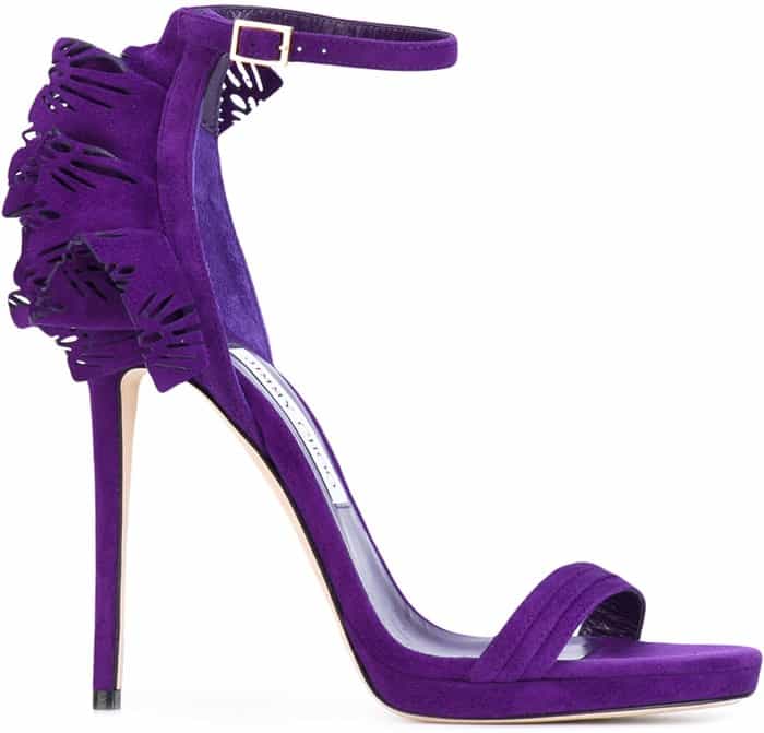 Purple Jimmy Choo 'Kelly' Laser-Cut Ruffled-Trimmed Leather Sandals