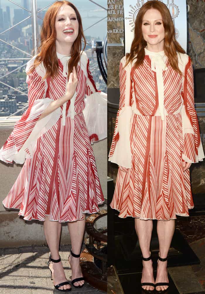 Julianne Moore flaunts her legs in a printed dress from Giambattista Valli