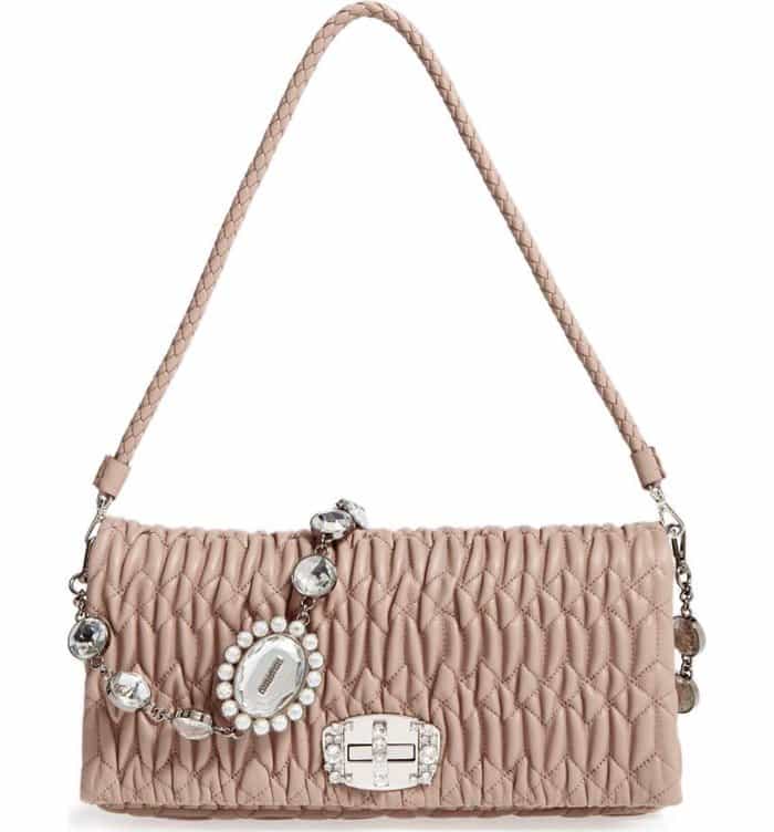 Miu Miu Swarovski Crystal Chain Leather Shoulder Bag in Cammeo