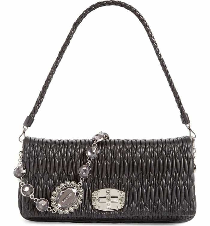 Miu Miu Swarovski Crystal Chain Leather Shoulder Bag in Nero