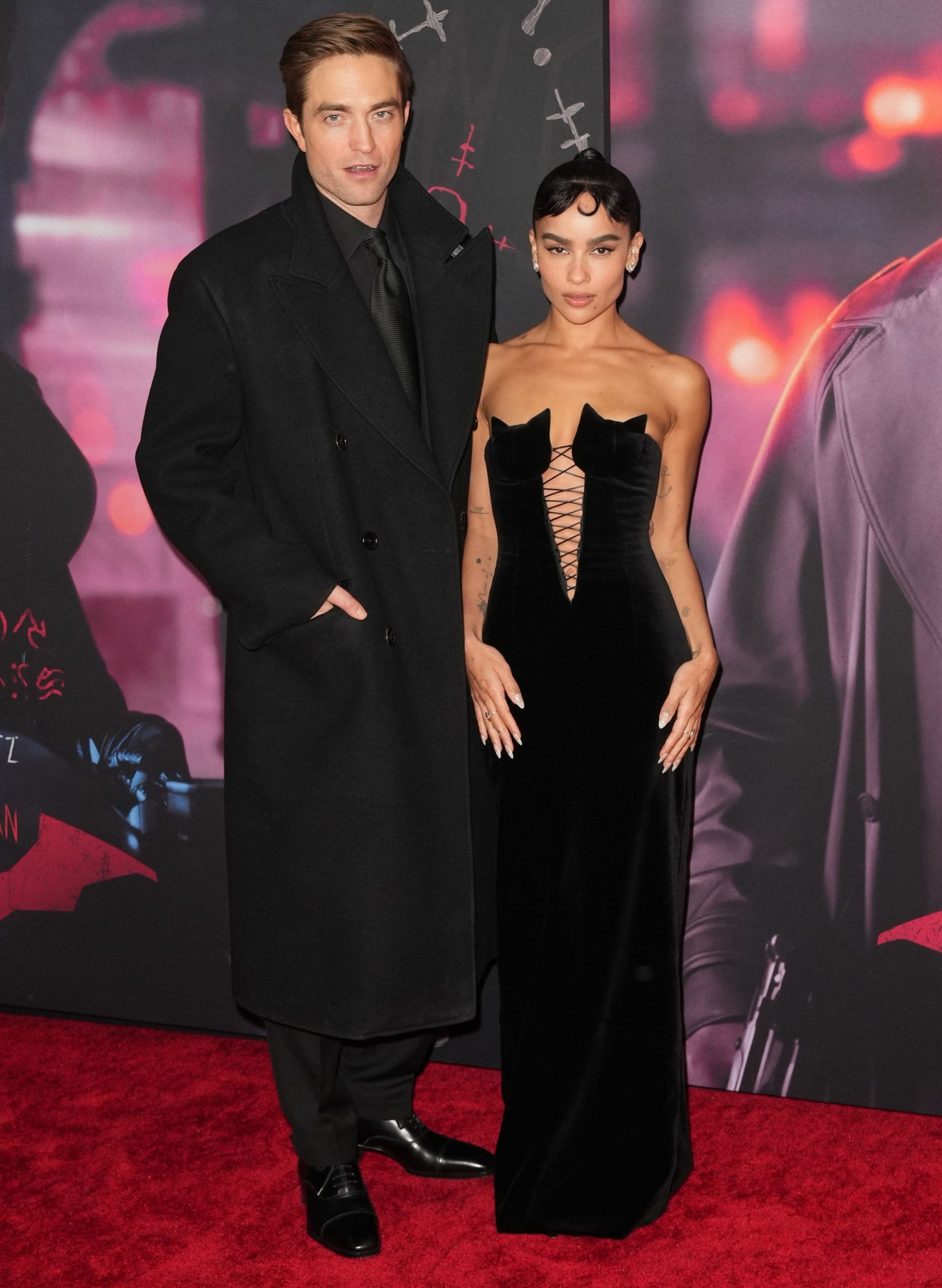 Zoë Kravitz in a Catwoman-inspired dress with Robert Pattinson at "The Batman" premiere