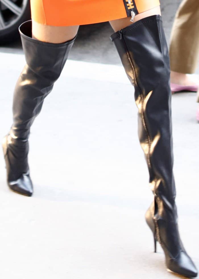 Bella Hadid's black patent thigh-high boots