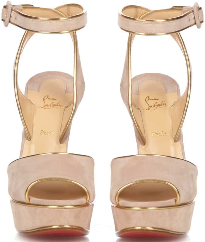 Christian Louboutin's suede Louloudance sandals are made in Italy with gold leather piping that contrasts the feminine pink hue beautifully