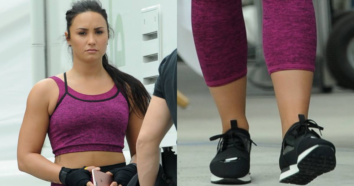 Demi Lovato Shoots Fabletics Commercial in Purple Workout Gear