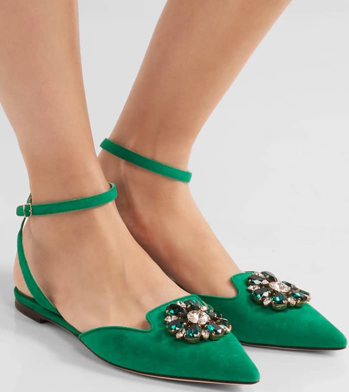 Dolce & Gabbana “Bellucci” Crystal-Embellished Suede Point-Toe Flats