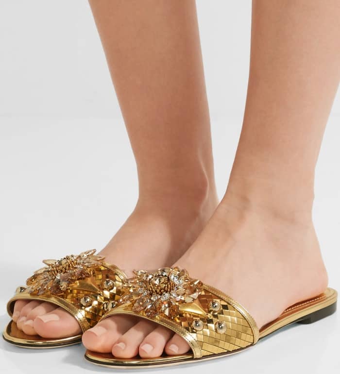 Dolce & Gabbana Crystal-Embellished Metallic Leather Slides