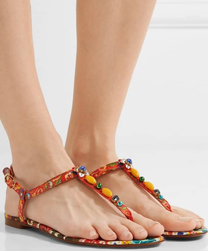 Dolce & Gabbana Embellished Printed Leather Sandals