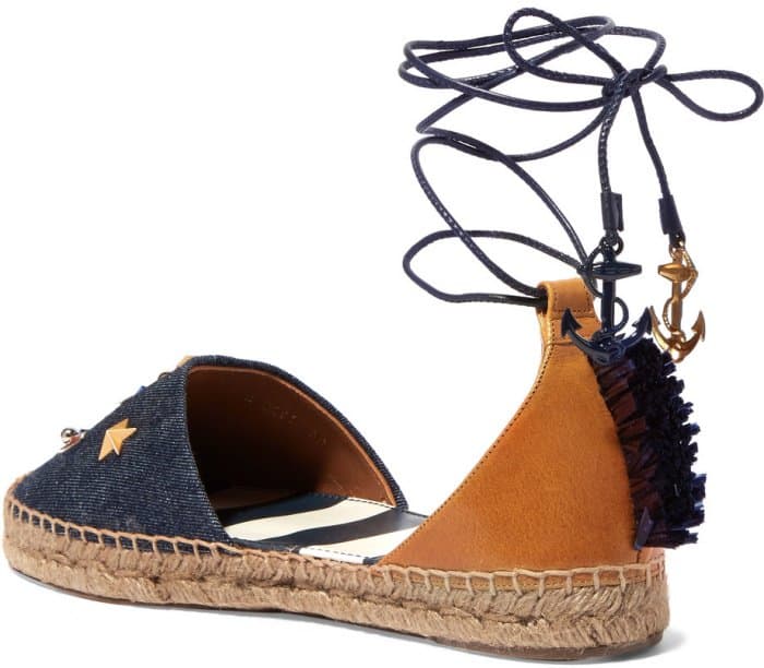 Dolce & Gabbana Raffia-Trimmed Embellished Denim and Leather Espadrilles