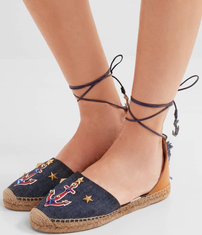 Dolce & Gabbana Raffia-Trimmed Embellished Denim and Leather Espadrilles